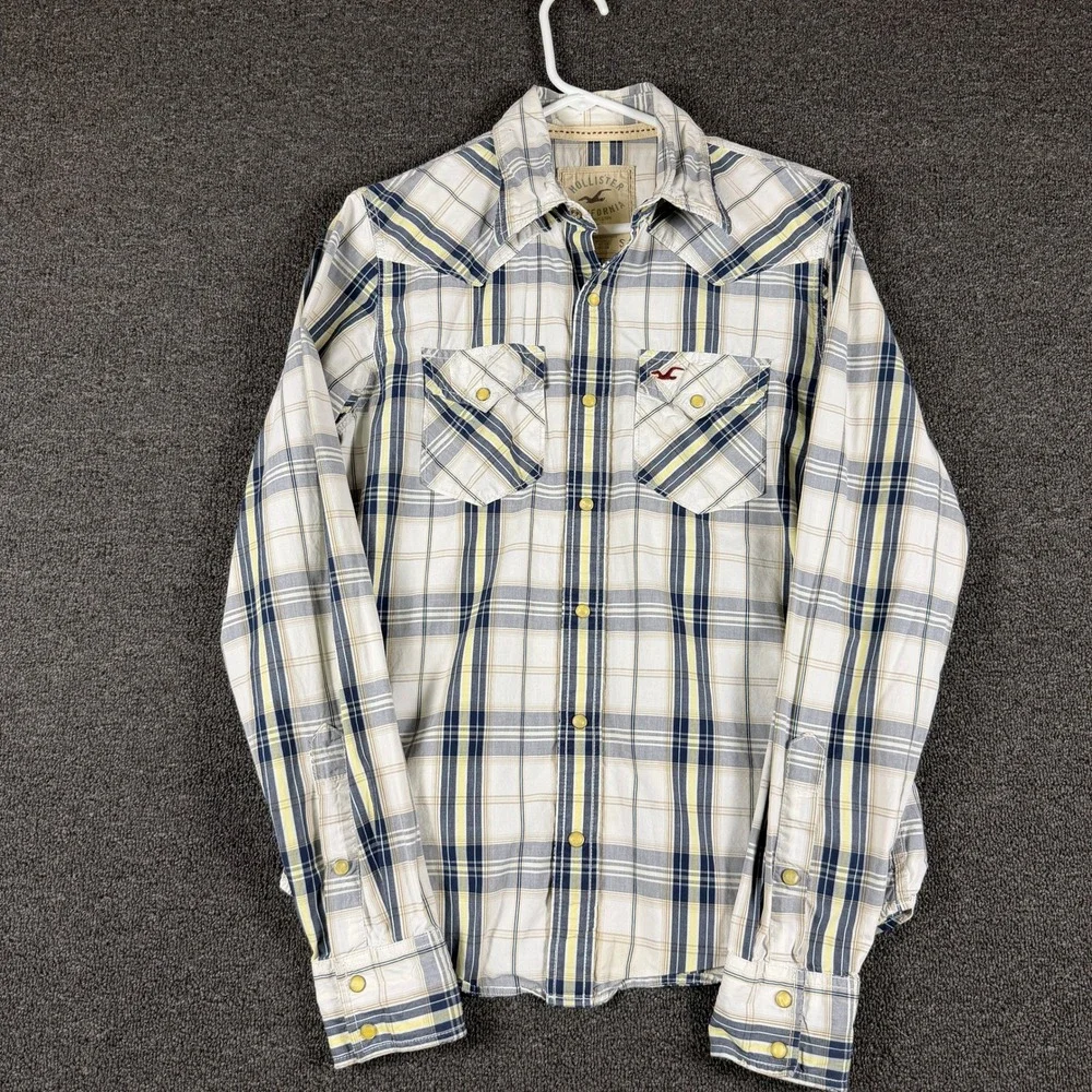 Hollister Mens Plaid Western Pearl Snap Shirt Navy Yellow White Size S Small